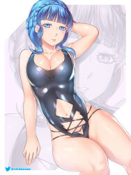 Rule 34 | 1girl, alternate breast size, alternate costume, arm behind head, bare legs, blue eyes, blue hair, braid, breasts, cleavage, etchimune, fire emblem, fire emblem: three houses, large breasts, looking at viewer, marianne von edmund, nintendo, one-piece swimsuit, short hair, smile, solo, swimsuit, thighs