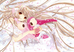 Rule 34 | 00s, 1girl, absurdres, artbook, blonde hair, brown eyes, chii, chobits, clamp, dress, flower, highres, holding, hug, lace, long hair, official art, pda (chobits), petals, robot ears, scan, smile, solo, stuffed animal, stuffed toy, traditional media, very long hair, white dress