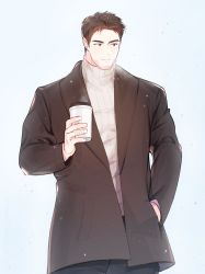 Rule 34 | 1boy, absurdres, beard, brown hair, chris redfield, closed mouth, coat, coffee, coffee cup, cup, disposable cup, facial hair, highres, hirusuhi, holding, male focus, mature male, muscular, muscular male, resident evil, shirt, short hair, solo, stubble, sweater
