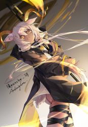 Rule 34 | 1girl, absurdres, animal ears, arknights, artist name, beeswax (arknights), black jacket, black ribbon, commentary request, copyright name, cowboy shot, hair between eyes, highres, horns, huge filesize, jacket, leg ribbon, long hair, long sleeves, looking at viewer, nyansky, ribbon, silver hair, skindentation, solo, tail, thighs, yellow eyes