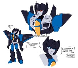 Rule 34 | ?, ??, blue eyes, commentary, decepticon, english commentary, english text, full body, highres, lastnewage, looking at viewer, looking to the side, mecha, multiple views, open mouth, portrait, robot, science fiction, speech bubble, thundercracker, transformers, transformers: earthspark, white background