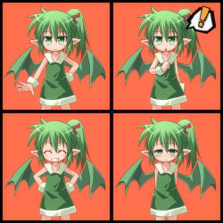 Rule 34 | !, ^ ^, arms behind back, blush, closed eyes, dorako, expressions, flat chest, green eyes, green hair, grin, hand on own hip, hands on own hips, kso, looking at viewer, short hair, side ponytail, simple background, smile, viprpg, wings
