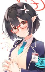 Rule 34 | 1girl, 3:, armband, ayane (blue archive), black hair, blazer, blue archive, braid, brown eyes, collared shirt, commentary request, crown braid, glasses, hair between eyes, hair ornament, halo, head tilt, headset, highres, id card, jacket, kano hito, long sleeves, looking at viewer, pointy ears, school uniform, shirt, short hair, sidelocks, simple background, single braid, solo, sweatdrop, sweater under jacket, white background