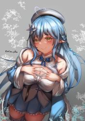 Rule 34 | 1girl, absurdres, ahoge, artist name, bare shoulders, blue bow, blue bowtie, blue coat, blue hair, blue nails, blue skirt, blush, bow, bowtie, braid, breasts, cleavage, closed mouth, coat, commentary, dated commentary, feet out of frame, fingernails, flower, hair flower, hair ornament, half updo, hand on hand, highres, hololive, lips, long hair, looking at viewer, medium breasts, misa pika, nail polish, open clothes, open coat, pointy ears, shirt, simple background, skirt, smile, solo, standing, twitter username, virtual youtuber, white shirt, yellow eyes, yukihana lamy