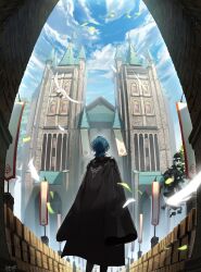 Rule 34 | 1boy, absurdres, animal, bird, black cape, blue hair, blue sky, byleth (fire emblem), byleth (male) (fire emblem), cape, cloud, commentary request, day, doku gin1126, falling feathers, feathers, fire emblem, fire emblem: three houses, from behind, highres, male focus, nintendo, outdoor unit, short hair, signature, sky, solo