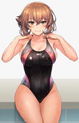 Rule 34 | 1girl, bare arms, bare legs, bare shoulders, black one-piece swimsuit, blush, breasts, brown hair, cleavage, closed mouth, clothes writing, collarbone, competition swimsuit, green eyes, grey background, hair between eyes, highres, kantai collection, kasumi (skchkko), large breasts, looking at viewer, mutsu (kancolle), one-piece swimsuit, shiny clothes, short hair, sideboob, simple background, sitting, smile, solo, swimsuit, wet, wet clothes, wet swimsuit