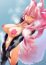 Rule 34 | 1girl, animal ear fluff, animal ears, areola slip, black bodysuit, blush, bodysuit, bow, breasts, center opening, choker, cleavage, covered erect nipples, fate/grand order, fate (series), female pubic hair, fox ears, fox girl, fox tail, hair between eyes, hair bow, heart pasties, highres, hip vent, koyanskaya (assassin) (first ascension) (fate), koyanskaya (fate), large areolae, large breasts, long hair, looking at viewer, navel, pasties, pink bow, pink hair, ponytail, pubic hair, sidelocks, smile, tail, tamamo (fate), thighs, tongue, tongue out, yatsuha kanan, yellow eyes