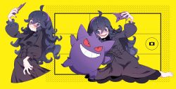 Rule 34 | 1girl, @ @, ahoge, barefoot, black hair, black nails, cellphone, closed mouth, commentary request, creatures (company), curly hair, donuttypd, dress, game freak, gen 1 pokemon, gengar, grey eyes, hair between eyes, hairband, hex maniac (pokemon), holding, holding phone, long hair, multiple views, nail polish, nintendo, open mouth, phone, pokemon, pokemon (creature), pokemon xy, purple hairband, smile, toes, tongue, wavy mouth, yellow background