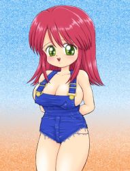 Rule 34 | blush, breasts, cleavage, green eyes, overalls, smile