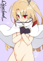 Rule 34 | 1girl, asaga aoi, azur lane, black gloves, blonde hair, capelet, character name, cleveland (azur lane), covering privates, covering breasts, fingerless gloves, flat chest, gloves, gradient background, groin, hair intakes, looking at viewer, navel, one side up, purple background, red eyes, solo, sweat, twitter username, v-shaped eyebrows, white capelet