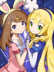 Rule 34 | 2girls, asagi1111, blonde hair, blue dress, blue hairband, blush, braid, brown hair, closed mouth, commentary request, creatures (company), dress, elbow gloves, eyelashes, from side, game freak, gloves, green eyes, grey eyes, hairband, hands up, highres, lillie (anniversary 2021) (pokemon), lillie (pokemon), long hair, looking to the side, may (pokemon), may (spring 2021) (pokemon), multiple girls, nintendo, official alternate costume, pink dress, pokemon, pokemon masters ex, smile, twin braids, white gloves, wrist cuffs, yellow hairband