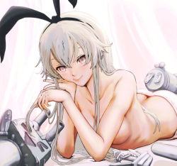 Rule 34 | &gt; &lt;, 10s, 1girl, alternate eye color, anchor hair ornament, arm support, ass, black ribbon, breasts, butt crack, cleavage, closed eyes, closed mouth, cowboy shot, hair between eyes, hair ornament, hairband, hand on own cheek, hand on own face, holding, holding own hair, kantai collection, long hair, lying, medium breasts, on stomach, pandarou, panties, playing, red eyes, rensouhou-chan, ribbon, ribs, shimakaze (kancolle), sidelocks, silver hair, smile, topless, torpedo, underwear, white panties