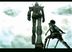 Rule 34 | 1boy, absurdres, cloud, crossover, giant, gradient background, gundam, gundam tolol, highres, letterboxed, male focus, mecha, mobile suit gundam, outdoors, parody, poncho, rico (maikubakaa), robot, rx-78-2, shadow of the colossus, short hair, sky, solo, wander (shadow of the colossus), white background