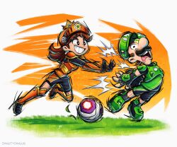 Rule 34 | 1boy, 1girl, armor, ball, black eyes, black footwear, black gloves, black shirt, black shorts, blush, breastplate, bright pupils, brown hair, cleats, commentary, crown, english commentary, facial hair, fingerless gloves, flower (symbol), full body, gloves, grass, green armor, green footwear, green headwear, green shirt, grin, hat, helmet, highres, leg armor, long sleeves, luigi, making-of available, mario (series), mario strikers: battle league, medium hair, motion lines, mustache, nintendo, official style, open mouth, orange armor, orange headwear, outstretched arms, parted bangs, princess daisy, pushing, running, shirt, shoes, short hair, short sleeves, shorts, shoulder armor, simple background, smile, soccer, soccer ball, sportswear, strikers daisy, teeth, tongue, vambraces, vinny (dingitydingus), white background, white pupils