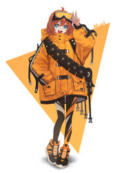 Rule 34 | 1girl, absurdres, ahoge, black footwear, blue eyes, blush, brown hair, character name, english text, goggles, goggles on head, hair ornament, hairclip, hand in pocket, highres, hood, hood down, hooded jacket, jacket, looking at viewer, medium hair, open mouth, orange-tinted eyewear, orange footwear, orange jacket, orange theme, original, shoes, simple background, smile, sneakers, solo, standing, teeth, tinted eyewear, tongue, triangle, upper teeth only, w, white background, yoon cook