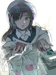 Rule 34 | bag, beige background, brown hair, bubble tea, card, credit card, cup, disposable cup, helmet, highres, holding, holding card, holding wallet, long hair, long sleeves, looking at viewer, menu, open mouth, phone, plastic bag, raincoat, shirt, solo, talking on phone, tennohi, vest, wallet, white background, white shirt, yellow eyes