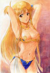 Rule 34 | 1girl, absurdres, alternate costume, arabian clothes, armpits, arms behind head, arms up, asuna (sao), bare legs, blue panties, bracer, breasts, circlet, cleavage, closed mouth, dancer, earrings, female focus, gem, gradient background, hair between eyes, harem outfit, highres, huge filesize, isao outaki, jewelry, legs, light brown hair, lips, long hair, looking at viewer, medium breasts, midriff, navel, neck, neck ring, necklace, orange eyes, panties, red gemstone, revealing clothes, sidelocks, smile, solo, standing, sword art online, traditional media, underwear