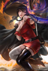 Rule 34 | 1girl, artist name, asymmetrical legwear, bandaged leg, bandages, bare shoulders, belt, black belt, breasts, button eyes, buttons, cape, cleavage, collar, collarbone, dress, fingerless gloves, fire, gloves, hat, holding, holding staff, kono subarashii sekai ni shukufuku wo!, large breasts, long sleeves, looking at viewer, megumin, mismatched legwear, open mouth, red dress, red eyes, short hair with long locks, single thighhigh, smile, solo, staff, thighhighs, thighs, witch hat, zumi (zumidraws)
