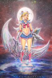 Rule 34 | 1girl, adapted costume, artist name, bishoujo senshi sailor moon, blonde hair, blue eyes, blue sailor collar, boots, brooch, choker, circlet, collarbone, crescent, crescent earrings, double bun, earrings, elbow gloves, epic, female focus, flat chest, gloves, hair bun, heart, heart brooch, highres, horizon, jewelry, knee boots, lips, long hair, looking at viewer, midriff, miniskirt, moon, navel, night, night sky, partially submerged, paulo barrios, red footwear, reflection, sailor collar, sailor moon, shield, skirt, sky, solo, standing, star (sky), star (symbol), starry sky, torn clothes, tsukino usagi, twintails, wading, weapon, white gloves, wings
