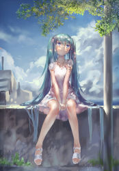 Rule 34 | 1girl, aqua hair, azomo, blue eyes, cloud, cloudy sky, concrete, dappled sunlight, day, dress, foot dangle, full body, green hair, hatsune miku, head tilt, highres, long hair, looking at viewer, looking up, md5 mismatch, nail polish, no socks, on wall, outdoors, own hands together, pink dress, pole, resolution mismatch, sandals, shadow, short dress, short sleeves, sitting, sky, smile, solo, source larger, sunlight, toenail polish, toenails, tree, tree shade, twintails, v arms, very long hair, vocaloid, wall, white dress