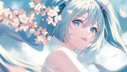 Rule 34 | 1girl, absurdres, aqua eyes, aqua hair, bare shoulders, blue eyes, blue hair, blurry, blurry background, blurry foreground, cherry blossoms, day, depth of field, eyelashes, falling petals, floating hair, flower, from side, hair between eyes, hair ornament, hatsune miku, highres, light smile, long hair, looking at viewer, mao shi shisan, open mouth, outdoors, parted lips, petals, pink flower, portrait, shirt, sky, sleeveless, sleeveless shirt, smile, solo, twintails, upper body, very long hair, vocaloid, white shirt