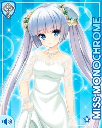 Rule 34 | 1girl, blue background, blue eyes, blunt bangs, card, character name, closed mouth, dress, girlfriend (kari), miss monochrome, miss monochrome (character), official art, qp:flapper, solo, tagme, thighhighs, twintails, wedding dress, white dress, white footwear, white hair