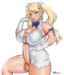 Rule 34 | 10s, 1futa, alternate hair color, artist name, autopaizuri, bar censor, between breasts, blaccura, blonde hair, blue bow, blue bowtie, blue eyes, bow, bowtie, breasts, censored, cleavage, cleavage cutout, clothing cutout, cosplay, cowboy shot, curvy, dress, dungeon ni deai wo motomeru no wa machigatteiru darou ka, earrings, erection, finger to mouth, full-package futanari, futanari, futanari masturbation, gloves, hair ornament, hand on own hip, hestia (danmachi), hestia (danmachi) (cosplay), highres, hoop earrings, huge penis, impossible clothes, impossible dress, jewelry, large breasts, long hair, looking at viewer, masturbation, mole, mole on breast, mole on testicle, mole under mouth, naughty face, no panties, open mouth, paizuri, penis, penis ribbon, piercing, plump, rei no himo, ribbon, scrotum piercing, short dress, simple background, sleeveless, sleeveless dress, solo, testicles, thick thighs, thighs, tongue piercing, twintails, white background, white dress, white gloves