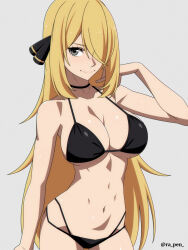 Rule 34 | 1girl, bikini, black bikini, black choker, blonde hair, breasts, choker, cleavage, closed mouth, commentary request, creatures (company), cynthia (pokemon), game freak, grey background, grey eyes, hair ornament, hair over one eye, highres, large breasts, long bangs, long hair, looking at viewer, nintendo, pokemon, pokemon dppt, ra-pen, simple background, smile, solo, standing, swimsuit, twitter username