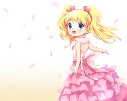 Rule 34 | 10s, 1girl, absurdres, alice cartelet, blonde hair, blue eyes, cherry blossoms, dress, from behind, harayui lab, highres, kin-iro mosaic, looking back, open mouth, outstretched arms, petals, pink dress, smile, solo, twintails