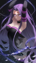 Rule 34 | 1girl, absurdres, arm strap, armpits, arms up, belt, belt collar, black belt, black dress, black thighhighs, breasts, chain, cleavage, collar, detached sleeves, dress, eyes visible through hair, facial mark, fate/stay night, fate (series), forehead mark, highres, long hair, long sleeves, medium breasts, medusa (fate), medusa (rider) (fate), off-shoulder dress, off shoulder, purple eyes, purple hair, solo, star741, strapless, strapless dress, thighhighs, very long hair
