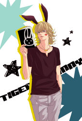 Rule 34 | 10s, 1boy, animal ears, bad id, bad pixiv id, barnaby brooks jr., blonde hair, book, rabbit ears, dark persona, glasses, green eyes, hand in pocket, jewelry, kemonomimi mode, lipstick mark, male focus, necklace, solo, tiger &amp; bunny, toujours ensemble chien, white background