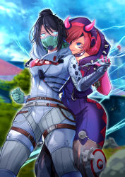 Rule 34 | 2girls, animification, apex legends, black bodysuit, black jacket, blue eyes, bodysuit, breasts, clenched hand, commission, cyber punked wattson, electricity, glowing, glowing eyes, highres, holding hands, hood, hooded jacket, horns, hug, hug from behind, huleito, jacket, looking to the side, mask, mechanical legs, medium breasts, mouth mask, multiple girls, official alternate costume, olympus (apex legends), one eye covered, pink hair, quarantine 722 wraith, skeb commission, wattson (apex legends), white bodysuit, wide hips, wraith (apex legends)