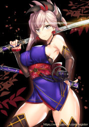 Rule 34 | 1girl, breasts, detached sleeves, dual wielding, fate/grand order, fate (series), grey eyes, holding, japanese clothes, katana, large breasts, looking at viewer, miyamoto musashi (fate), miyamoto musashi (first ascension) (fate), negister, obi, sash, short hair, sideboob, silver hair, smile, solo, sword, thighhighs, watermark, weapon, web address