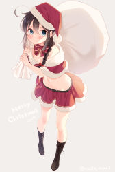 Rule 34 | 1girl, 2019, ahoge, alternate costume, black footwear, blue eyes, blush, boots, bow, bowtie, braid, breasts, brown hair, christmas, cleavage, cross-laced footwear, full body, fur trim, grey background, hair between eyes, hair flaps, hat, holding, holding sack, kantai collection, lace-up boots, long hair, merry christmas, midriff, naoto (tulip), navel, red bow, red bowtie, red skirt, ribbon, sack, santa hat, shigure (kancolle), simple background, single braid, skirt, smile, solo, standing