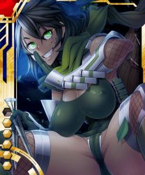 Rule 34 | 00s, 1girl, abs, armor, black hair, bob cut, breasts, cameltoe, card (medium), card (red-ur), card (ur), cleavage, cleavage cutout, clenched teeth, clothing cutout, covered erect nipples, female focus, fishnets, gloves, glowing, glowing eyes, green eyes, grin, hand gesture, holding, impossible clothes, kunai, large breasts, leaf, leotard, looking at viewer, night, ninja, outdoors, scarf, shindol, sitting, skin tight, smile, soga kouha, solo, spread legs, swastika, taimanin (series), taimanin asagi, taimanin asagi battle arena all card gallery, taimanin asagi kessen arena, teeth, thighhighs, vambraces, weapon