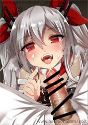 Rule 34 | 1boy, 1girl, :d, artist name, azur lane, bar censor, bare shoulders, blush, breasts, censored, commander (azur lane), cum, cum in mouth, detached collar, detached sleeves, downblouse, facial, foreshortening, from above, go-it, hair between eyes, hair ribbon, hand up, headgear, index finger raised, long hair, long sleeves, motion lines, necktie, open fly, open mouth, pants, penis, red eyes, red neckwear, red ribbon, ribbon, saliva, signature, silver hair, sitting, slit pupils, small breasts, smile, solo focus, spread legs, teeth, tongue, tongue out, trembling, tsurime, twintails, uvula, vampire (azur lane), watermark, web address, white pants