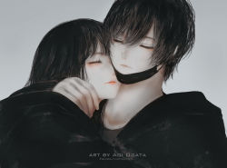 Rule 34 | 1boy, 1girl, aoi ogata, artist name, black hair, black jacket, closed eyes, closed mouth, commentary, couple, grey background, hair between eyes, highres, hood, hood down, hooded jacket, hug, jacket, long sleeves, mask, mask pull, mouth mask, original, parted lips, red lips, simple background, surgical mask, upper body