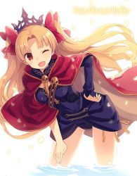 Rule 34 | 1girl, ;d, blonde hair, blue dress, blush, breasts, cloak, copyright name, dress, ereshkigal (fate), fate/grand order, fate (series), floating hair, gold trim, hand on own hip, leaning forward, long hair, looking at viewer, medium breasts, one eye closed, open mouth, parted bangs, petals, red eyes, skull, smile, solo, tiara, tohsaka rin, two side up, wading, water, white background, yashiro seika