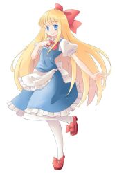 Rule 34 | 1girl, apron, arnest, blonde hair, blue dress, blue eyes, bow, bowtie, closed mouth, collared shirt, commentary request, dress, footwear bow, full body, hair bow, hand on own chest, long hair, looking at viewer, pantyhose, puffy short sleeves, puffy sleeves, red bow, red bowtie, red footwear, shanghai doll, shirt, shoes, short sleeves, sidelocks, simple background, sleeveless, sleeveless dress, smile, solo, standing, standing on one leg, touhou, very long hair, waist apron, white apron, white background, white pantyhose, white shirt