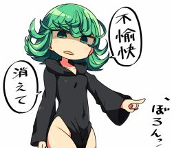 Rule 34 | ..., 1girl, bags under eyes, black dress, covered navel, curly hair, d:, dress, empty eyes, green hair, index finger raised, kanikama, looking down, one-punch man, open mouth, shaded face, short hair, simple background, solo, speech bubble, spoken ellipsis, tatsumaki, translated, white background