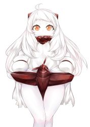 Rule 34 | 10s, 1girl, abyssal ship, ahoge, aircraft, airplane, clothes lift, from below, horns, kantai collection, long hair, looking at viewer, mittens, northern ocean princess, pale skin, red eyes, skirt, skirt lift, solo, white hair, white mittens, xiaodi