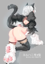 Rule 34 | 1girl, 2b (nier:automata), absurdres, animal ears, animal hands, ass, back, black tail, cat ears, facing away, full body, fur trim, grey background, grey hair, highres, nier:automata, nier (series), shiny skin, short hair, simple background, solo, tail, thighhighs, thong, tight clothes, zuoteng lucha