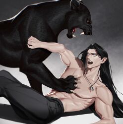 Rule 34 | 1boy, absurdres, animal, belt, black hair, black panther, black pants, claws, collarbone, commission, emo37337640, fangs, grey hair, highres, jewelry, long hair, lying, male focus, muscular, muscular male, necklace, on back, original, panther, pants, pointy ears, scar, scar on chest, skeb commission