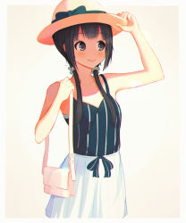 Rule 34 | 1girl, adjusting clothes, adjusting headwear, aiura, bag, bare shoulders, black bow, black hair, blue eyes, bow, breasts, hair over shoulder, hand up, handbag, hanr10, hat, hat bow, looking afar, pink background, skirt, small breasts, smile, solo, standing, twintails, uehara ayuko, white skirt, yellow hat