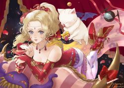 Rule 34 | 1girl, amano yoshitaka design, bare shoulders, blonde hair, blue eyes, boots, bow, box, breasts, bridal gauntlets, cape, cleavage, curtains, dated, detached sleeves, dress, earrings, falling petals, final fantasy, final fantasy vi, floral print, full body, gift, gift box, gradient cape, hair ribbon, head chain, holding, holding box, jewelry, long hair, looking at viewer, medium breasts, moogle, necklace, official alternate costume, ornate clothes, pantyhose, parted lips, petals, ponytail, red bow, red dress, red footwear, regan (hatsumi), ribbon, smile, strapless, strapless dress, tina branford, tube dress, twitter username, wavy hair