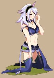 Rule 34 | 1girl, bare shoulders, belt, blue thighhighs, breasts, capcom, cleavage, garter straps, hairband, highres, horns, jewelry, kirin (armor), kneeling, long hair, midriff, monster hunter, monster hunter (series), monster hunter 4, navel, off shoulder, one eye closed, pendant, pouch, silver hair, simple background, single horn, solo, thighhighs, wince, yanai (ynich)