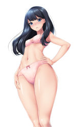 Rule 34 | 10s, 1girl, black hair, blue eyes, blush, bow, bow bra, bow panties, bra, breasts, covered erect nipples, gridman universe, hand on own hip, highres, koflif, long hair, looking at viewer, medium breasts, navel, nose blush, panties, parted lips, pink bra, pink panties, simple background, solo, ssss.gridman, standing, takarada rikka, thighs, underwear, underwear only, white background, wind