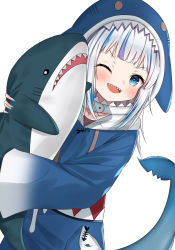 Rule 34 | 1girl, animal hood, blue eyes, blue hair, blue hoodie, blue nails, blush, collarbone, commentary request, fins, fish skeleton, fish tail, gawr gura, gawr gura (1st costume), highres, holding, hololive, hololive english, hood, hoodie, hugging doll, hugging object, long hair, long sleeves, looking at viewer, multicolored hair, nail polish, one eye closed, open mouth, saki (saki paint), shark girl, shark hood, shark tail, sharp teeth, sleeves past wrists, smile, solo, streaked hair, stuffed animal, stuffed shark, stuffed toy, tail, teeth, upper body, upper teeth only, virtual youtuber, white hair, wide sleeves