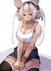 Rule 34 | 10s, 1girl, bracelet, breasts, cigarette, cleavage, crop top, cutoffs, dark-skinned female, dark skin, denim, denim shorts, glasses, headgear, jewelry, kantai collection, large breasts, musashi (kancolle), navel, necklace, open fly, pointy hair, red eyes, shiny skin, short hair, shorts, silver hair, sitting, smoking, solo, sumisu (mondo), thighhighs, twitter username, unzipped, white background