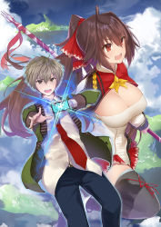 Rule 34 | 1boy, 1girl, black pants, black thighhighs, breasts, brown eyes, brown hair, capelet, cellphone, cleavage, cloud, cover, cover page, dress shirt, foreshortening, hair between eyes, highres, holding, holding phone, holding weapon, isekai clear no game master, jacket, large breasts, long hair, necktie, novel cover, open clothes, open jacket, open mouth, outdoors, outstretched arm, pants, phone, polearm, ponytail, red eyes, red necktie, shirt, smartphone, smile, spear, teeth, thighhighs, thighs, weapon, yaman (yamanta lov)
